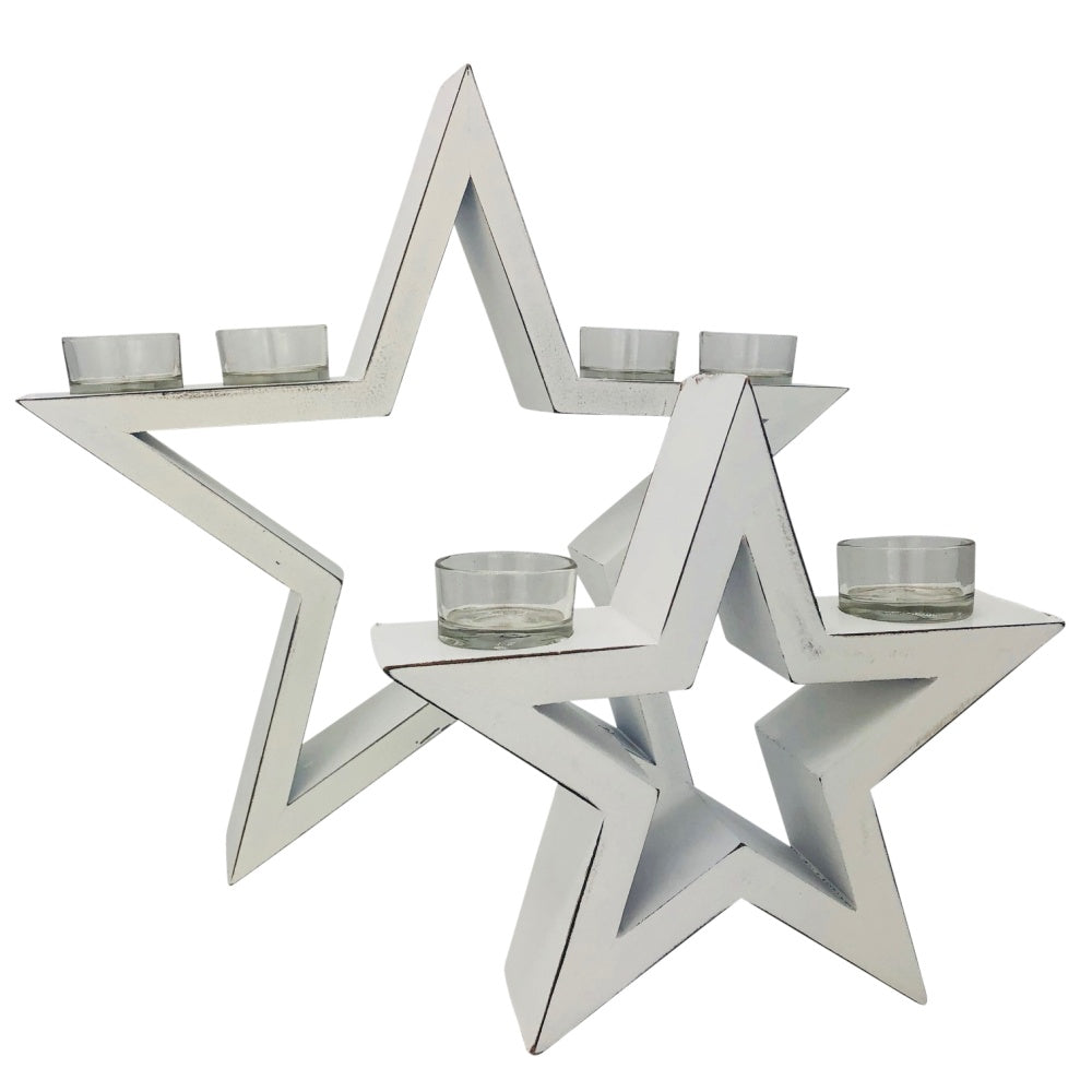 Weihnachtsdeko Vintage Kerzenhalter Stern inkl. 6 Teelic weiß 2-teilig