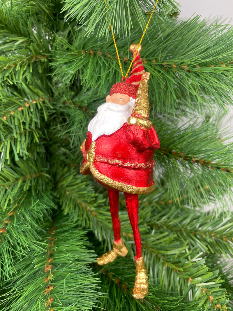 Baumschmuck Weihnachtsmann mit langen Beinen, Baum und Geschenksäckchen in rot gold Anhänger Ornament 17,5 cm