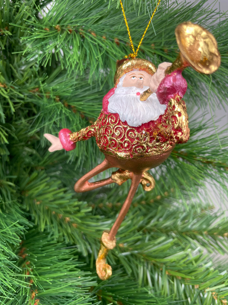 Christbaumschmuck Weihnachtsmann mit langen Beinen und Trompete in rot-gold-kupfer Anhänger Ornament Baumschmuck 15,5 cm