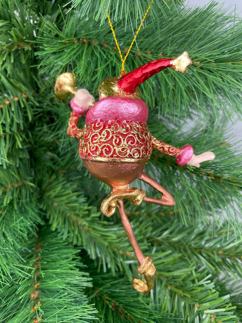 Christbaumschmuck Weihnachtsmann mit langen Beinen und Trompete in rot-gold-kupfer Anhänger Ornament Baumschmuck 15,5 cm