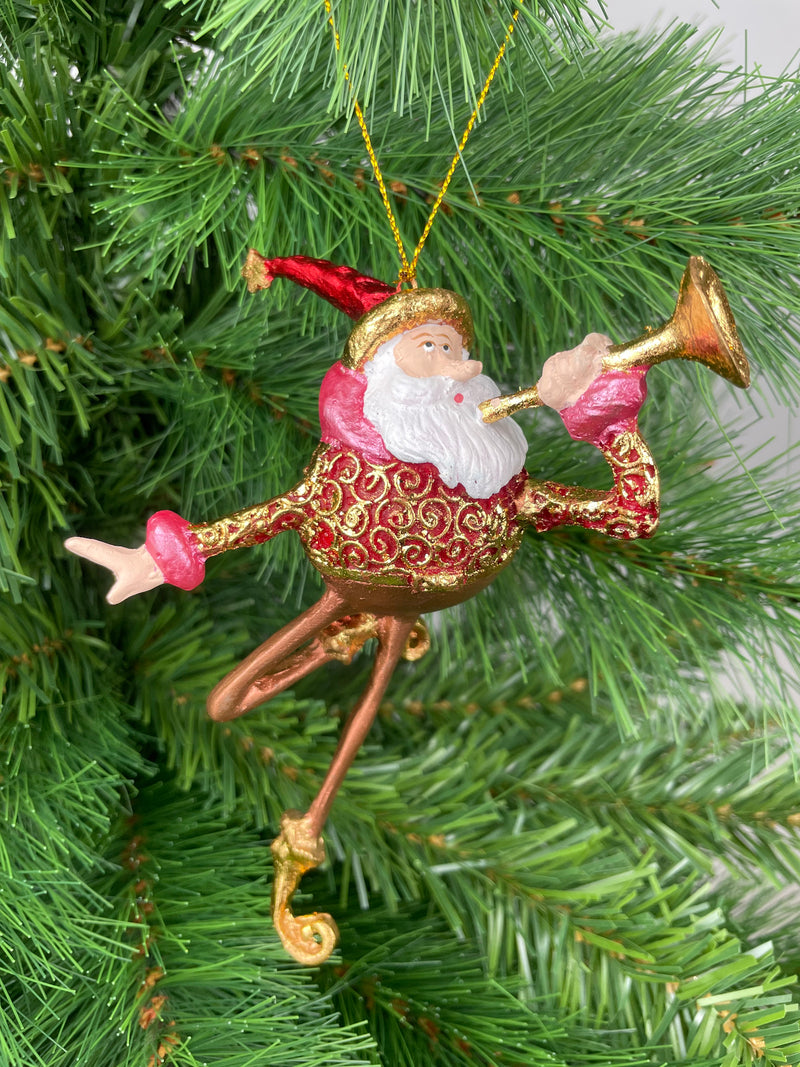 Christbaumschmuck Weihnachtsmann mit langen Beinen und Trompete in rot-gold-kupfer Anhänger Ornament Baumschmuck 15,5 cm