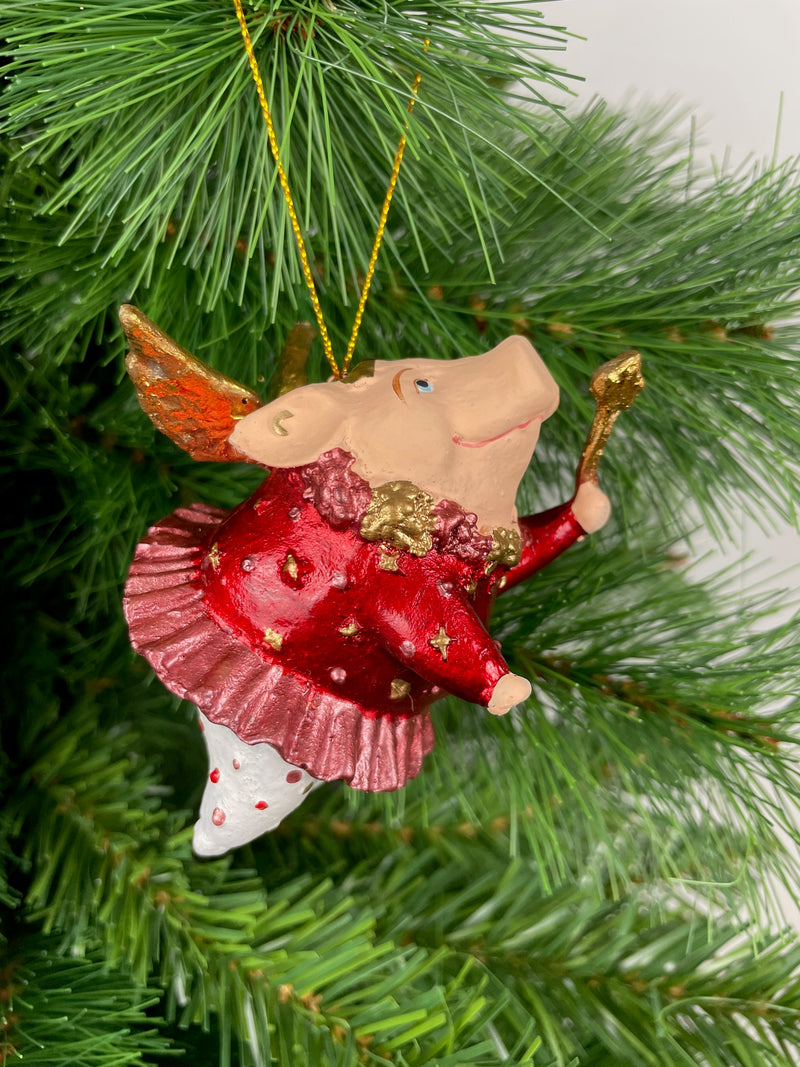 Christbaumschmuck Figur "Schwein mit Flügeln und Stern" Hänger weiß-rot Weihnachten 9,5 cm hoch