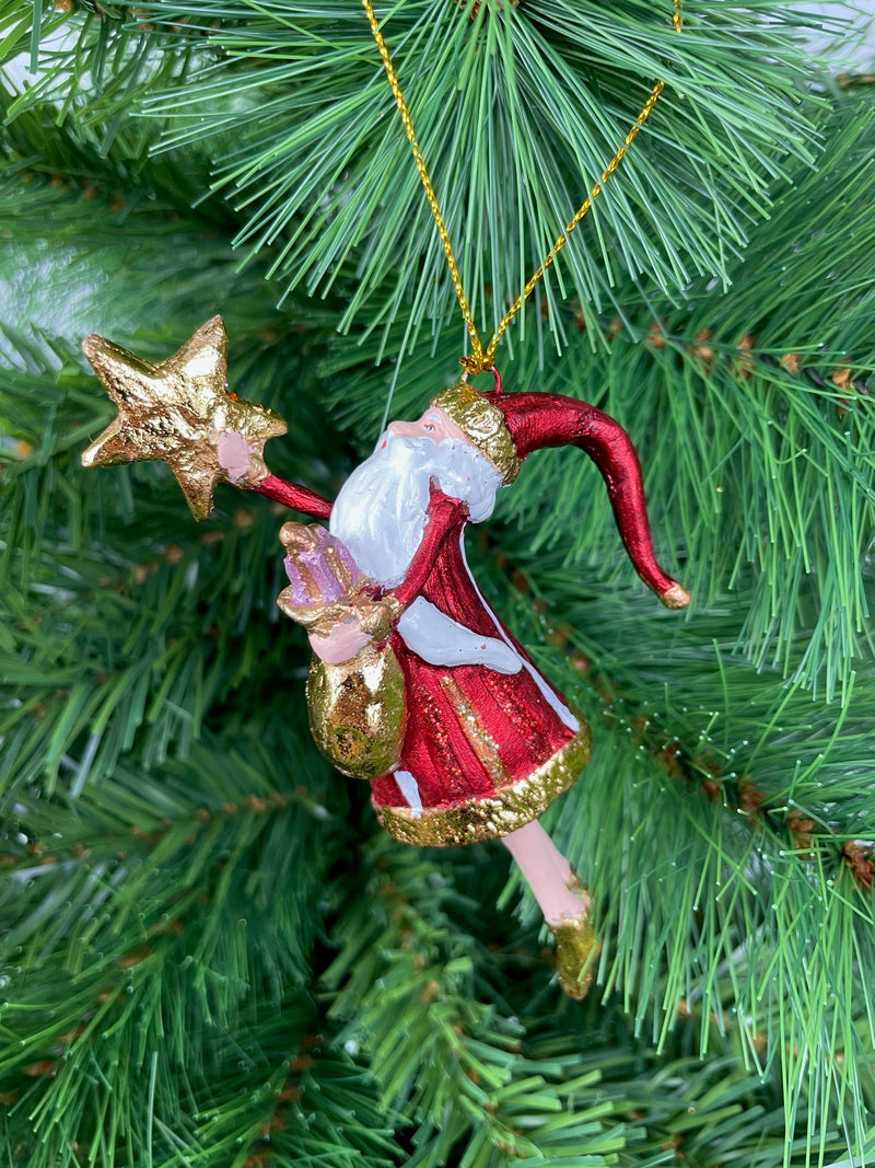 Weihnachtsmann Gabenträger Weihnachten Baumschmuck Figur Deko Hänger Christbaumschmuck 12 cm Rot Gold mit Stern und Säckchen