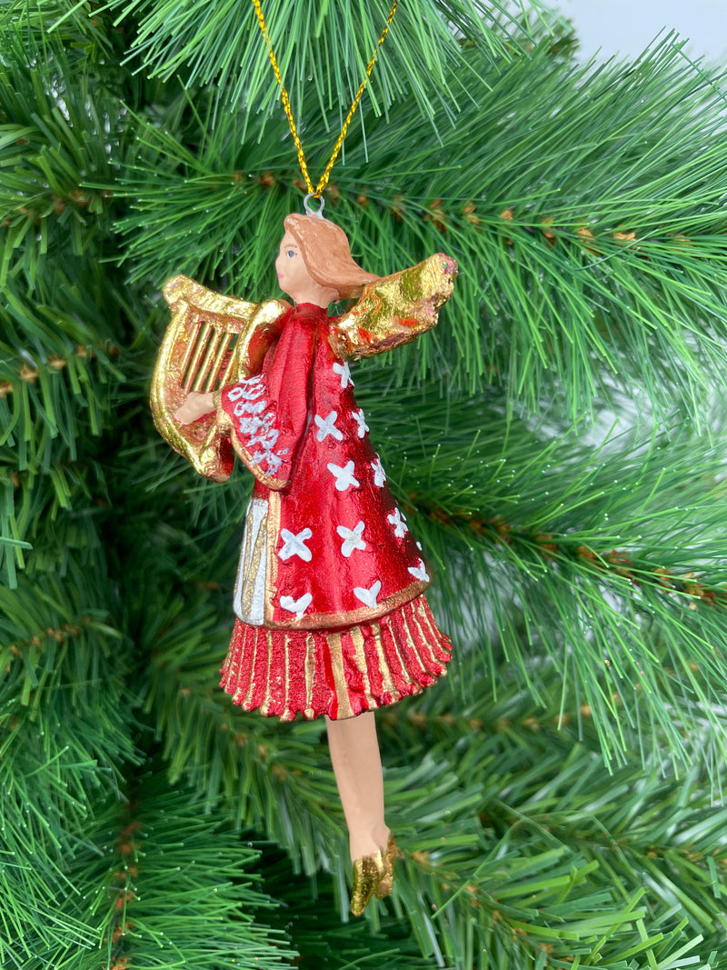 Christbaumschmuck Engel in einem rot-weißen Kleid  und einer goldenen Harfe Baumschmuck 14cm hoch