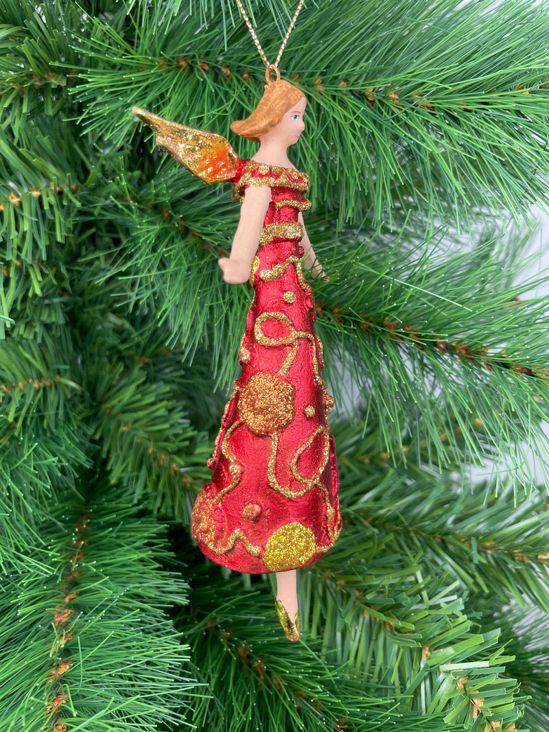 Christbaumschmuck Engel mit Flügeln in einem rot- gold verzierten Kleid  Baumschmuck 16cm