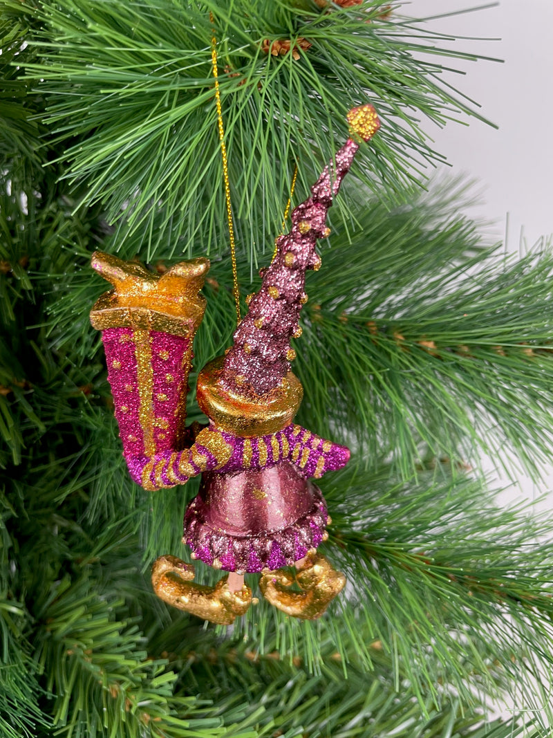 Kleiner Weihnachtsmann Elf Wichtel Gabenträger Weihnachten Deko Anhänger Christbaumschmuck 14 cm lila-flieder Gold mit Geschenk