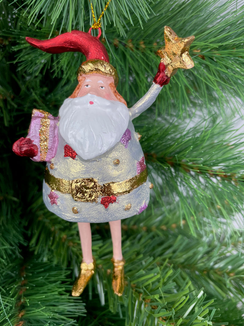 Weihnachtsmann Gabenträger dick Weihnachten Baumschmuck Figur Deko Hänger Christbaumschmuck 13 cm Gold mit Stern und Geschenk