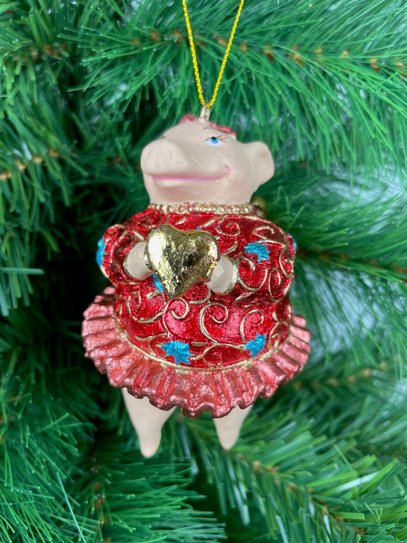 Christbaumschmuck Figur "Schwein mit Flügeln" Anhänger türkis-rot Weihnachten 10,5 cm