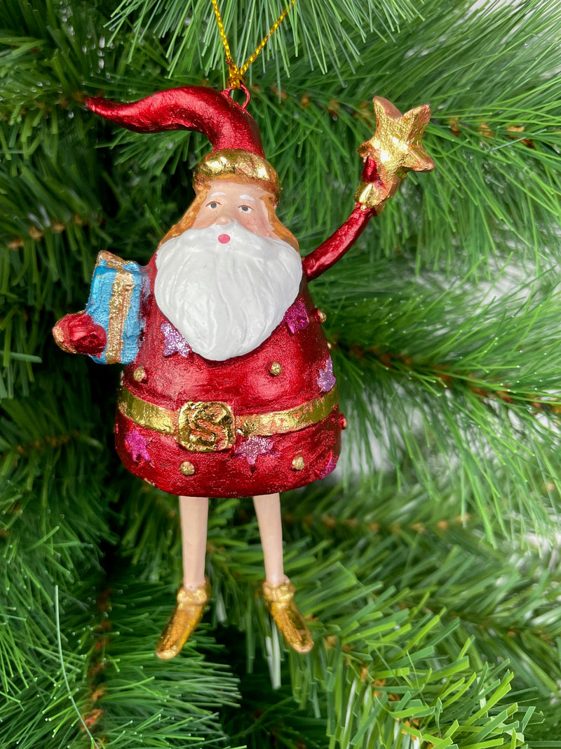 Weihnachtsmann Gabenträger dick Weihnachten Baumschmuck Figur Deko Hänger Christbaumschmuck 13 cm Rot Gold mit Stern und Geschenk