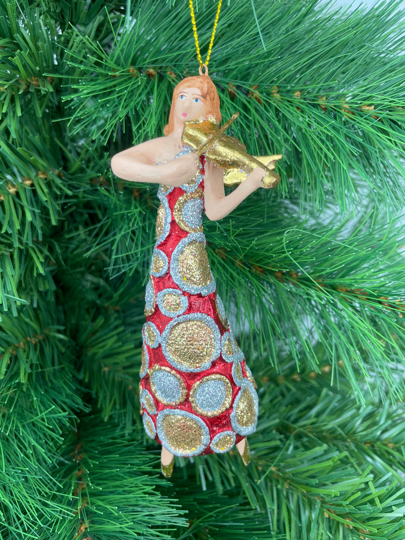 Christbaumschmuck Figur Engel mit Geige und langem Kleid in rot-gold mit Kreisen Ornament Anhänger Weihnachten Baumschmuck 16cm