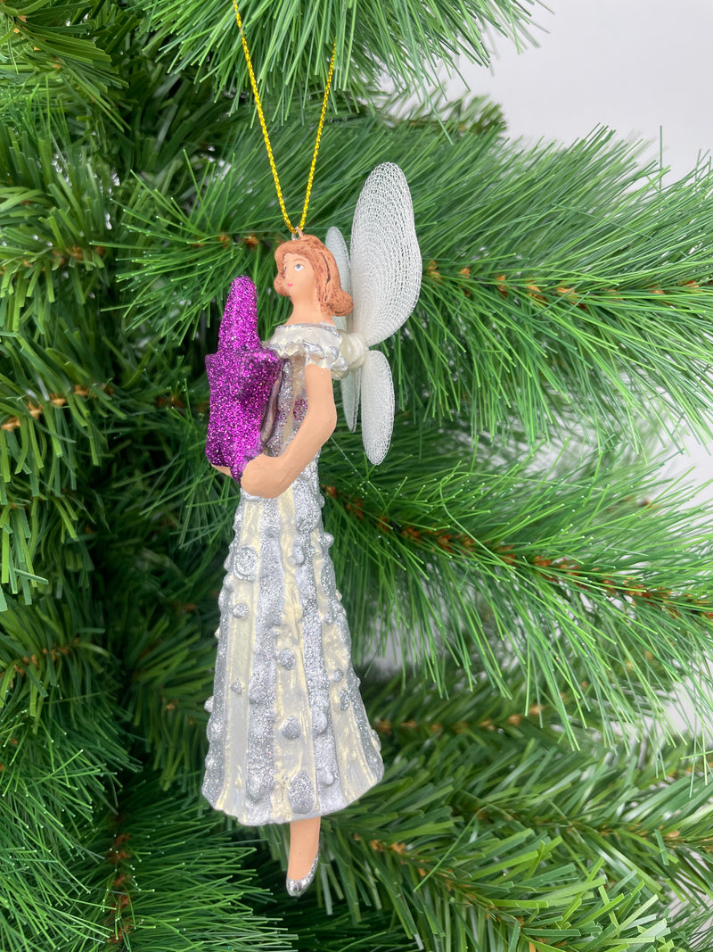 Christbaumschmuck  Engel mit lila Stern und einem silbernen Kleid 16cm hoch Weihnachten Anhänger Ornament