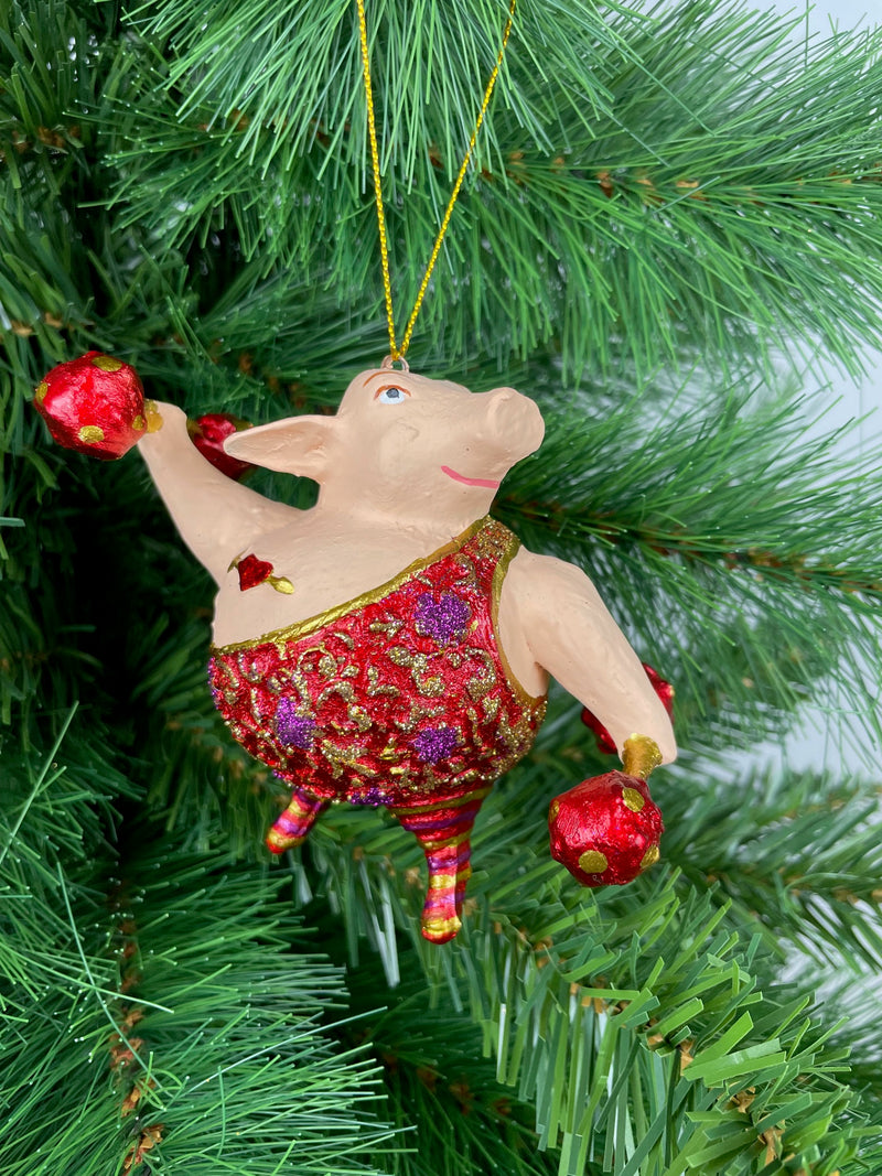 Christbaumschmuck Sportler Schwein mit Hanteln und Gewichtheberanzug in rot gold lila Fitnessstudio handbemalt Weihnachten Baumschmuck 12,5cm hoch