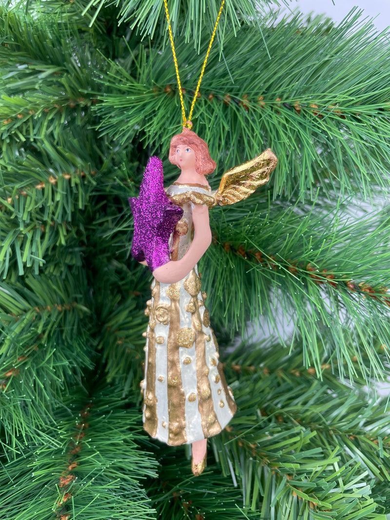 Christbaumschmuck Figur Engel creme-gold mit lila-Stern Anhänger Ornament Baumschmuck Weihnachten 14cm