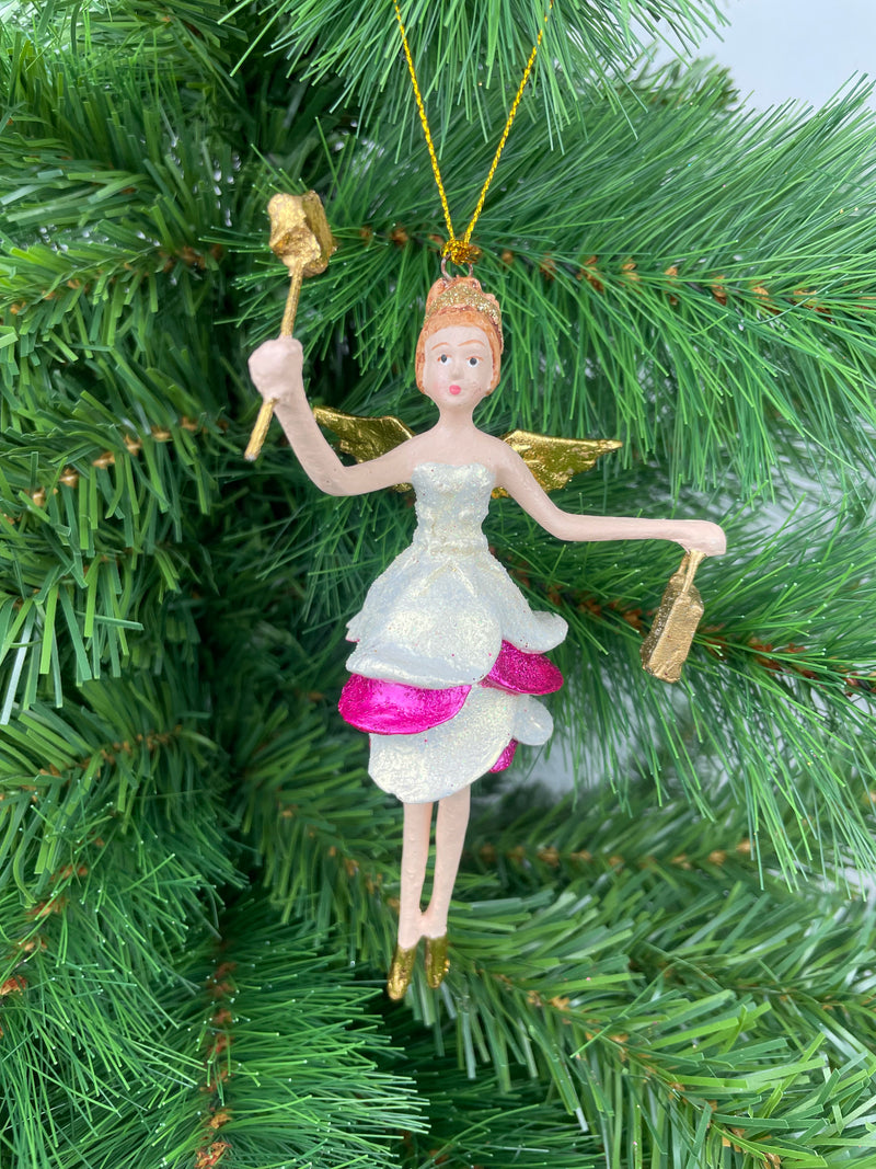 Christbaumschmuck Engel mit goldenem Stern und Tasche in einem pink-weißen Kleid 16 cm