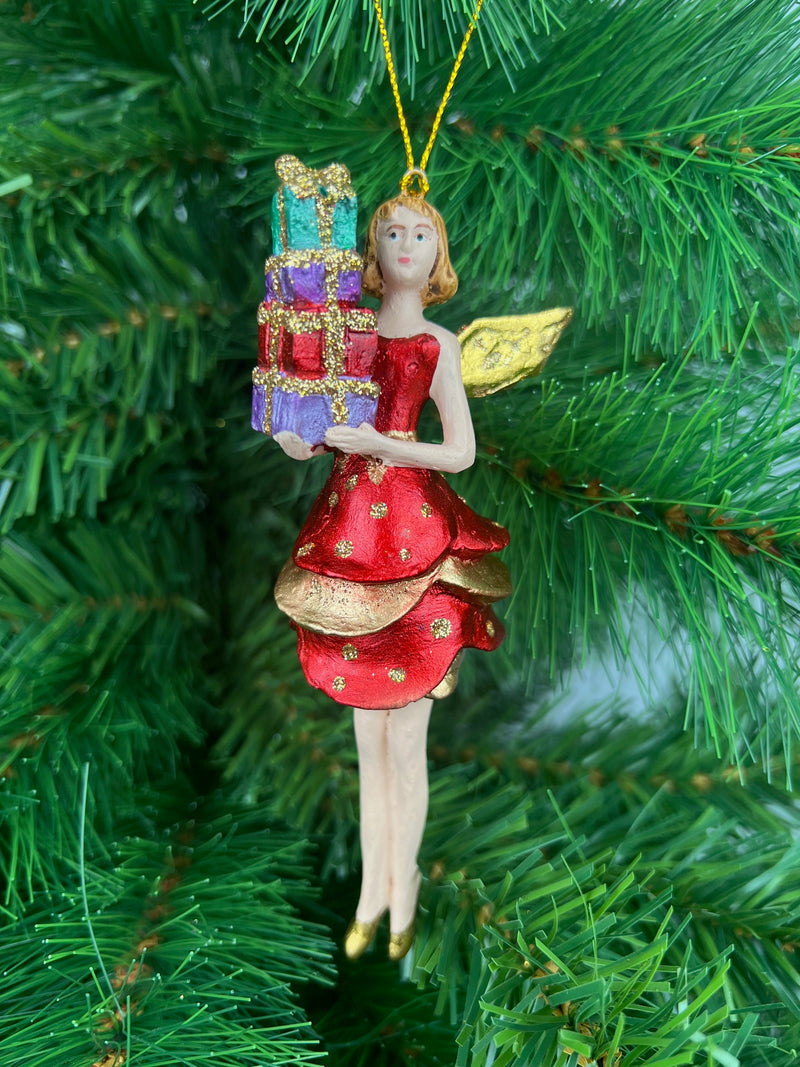 Christbaumschmuck Figur Engel rot-gold mit Geschenken und kurzem Kleid Ornament Weihnachten Baumschmuck 14cm