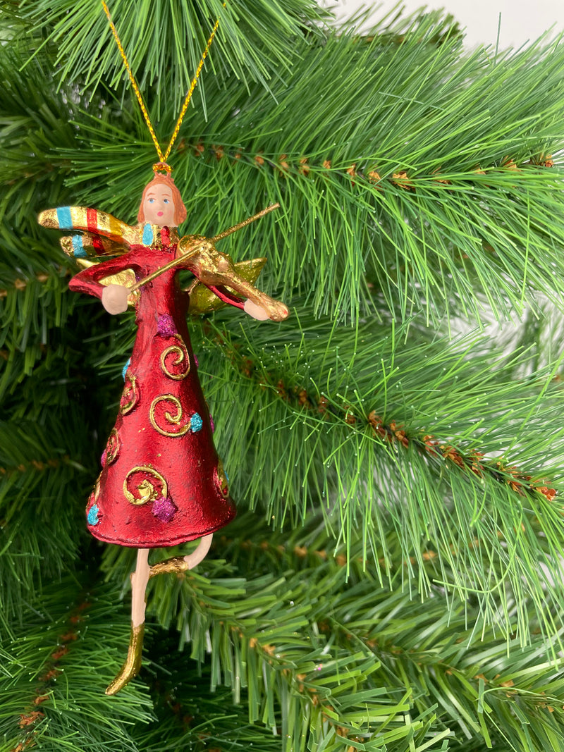 Christbaumschmuck  Engel mit Flügeln und Geige in rot-goldenem Kleid Baumschmuck 14cm