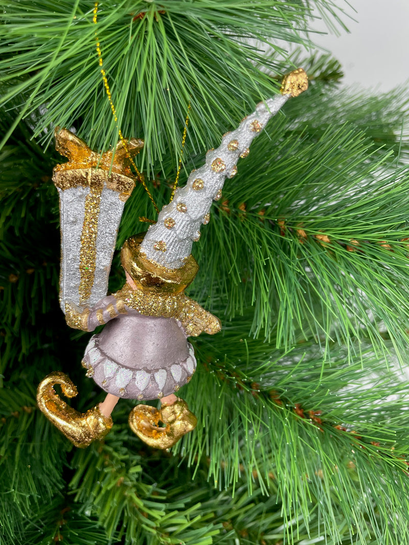 Kleiner Weihnachtsmann Elf Gabenträger Weihnachten Deko Anhänger Christbaumschmuck 13 cm Taupe Gold mit Geschenken