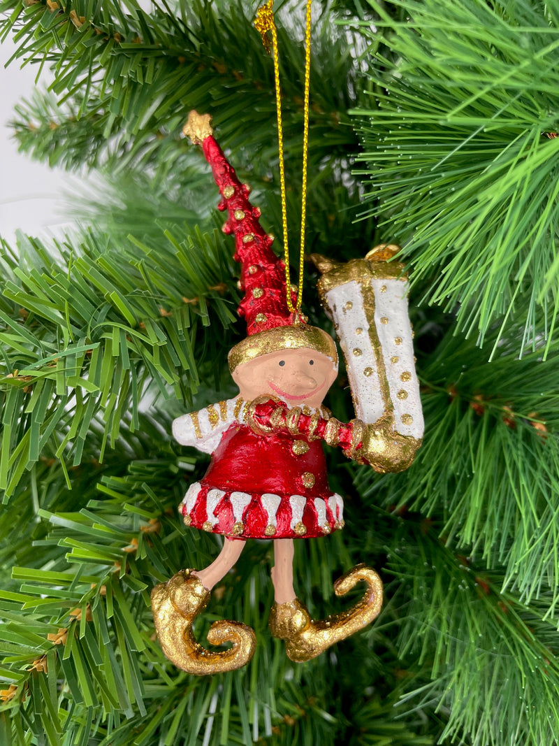 Kleiner Weihnachtsmann Elf Wichtel Gabenträger Weihnachten Deko Christbaumschmuck 14 cm Rot Weiß Gold mit Geschenk