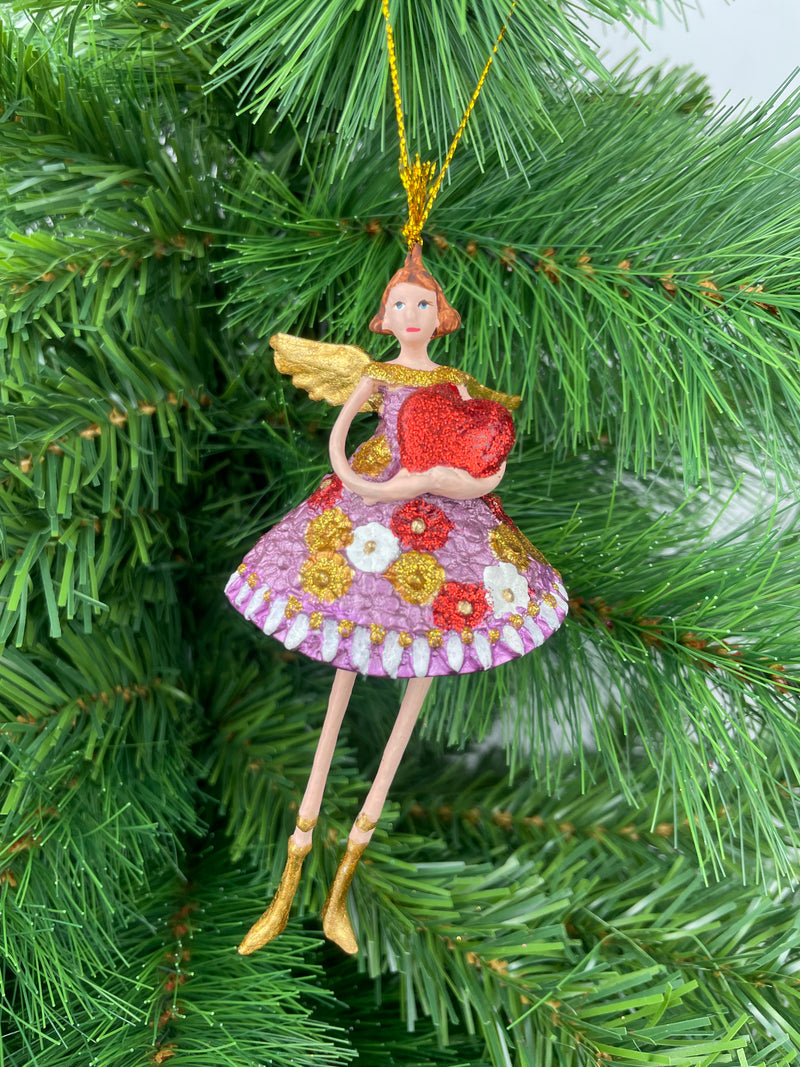 Christbaumschmuck Figur Engel mit langen Beinen und Herz Kleid geblümt Weihnachten Ornament lila-gold Hänger 12 cm