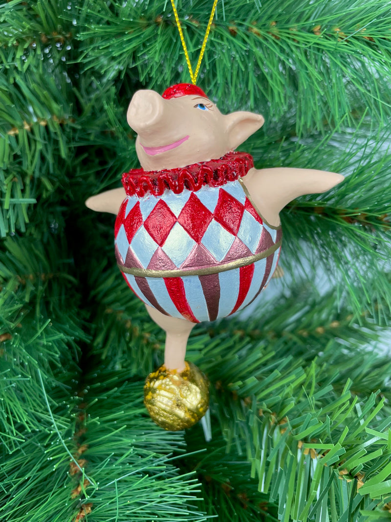 Christbaumschmuck Sportler Schwein auf goldenem Ball Fitnessstudio handbemalt Weihnachten Baumschmuck Deko Hänger Christbaumschmuck 12,5 cm (weiß-rot)