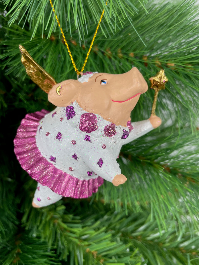 Christbaumschmuck Ballerina Schwein mit Flügeln und Stern in weiß-lila-gold mit Stern 10cm