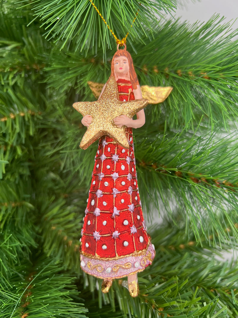 Christbaumschmuck Figur Engel rot-gold mit Stern und langem verzierten Kleid Anhänger Weihnachten Baumschmuck 13cm