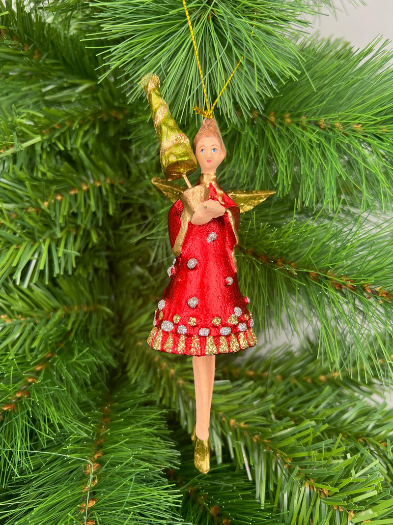 Christbaumschmuck Engel in einem rot-silber-goldenen Kleid und Bäumchen Baumschmuck 15cm