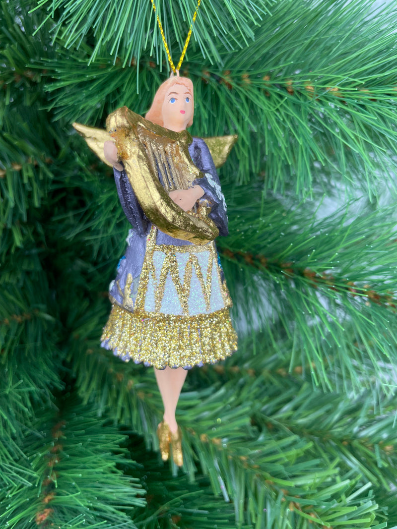 Christbaumschmuck Figur Enge lila blau-weiß-gold mit Harfe Hänger Baumschmuck 15cm hoch