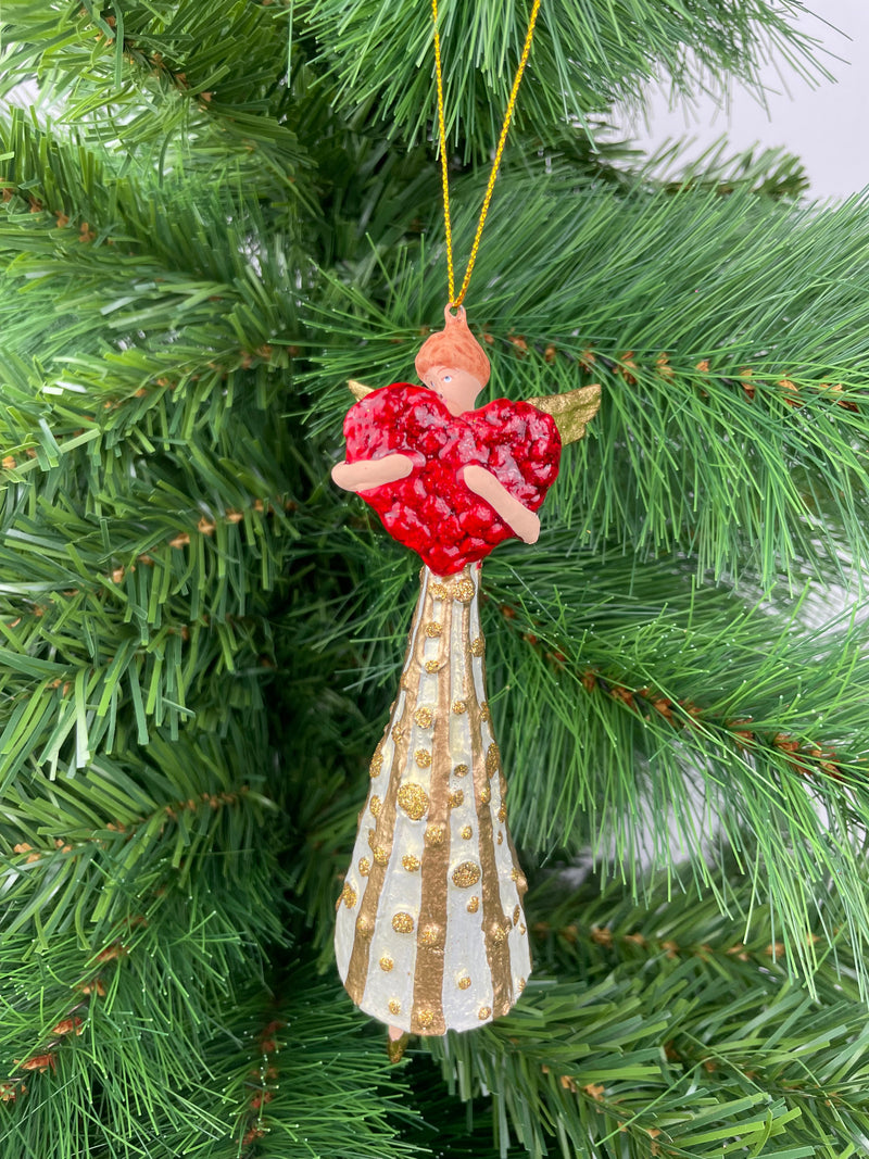 Christbaumschmuck Engel mit rotem Herz in einem creme-goldenen Kleid Baumschmuck 14cm