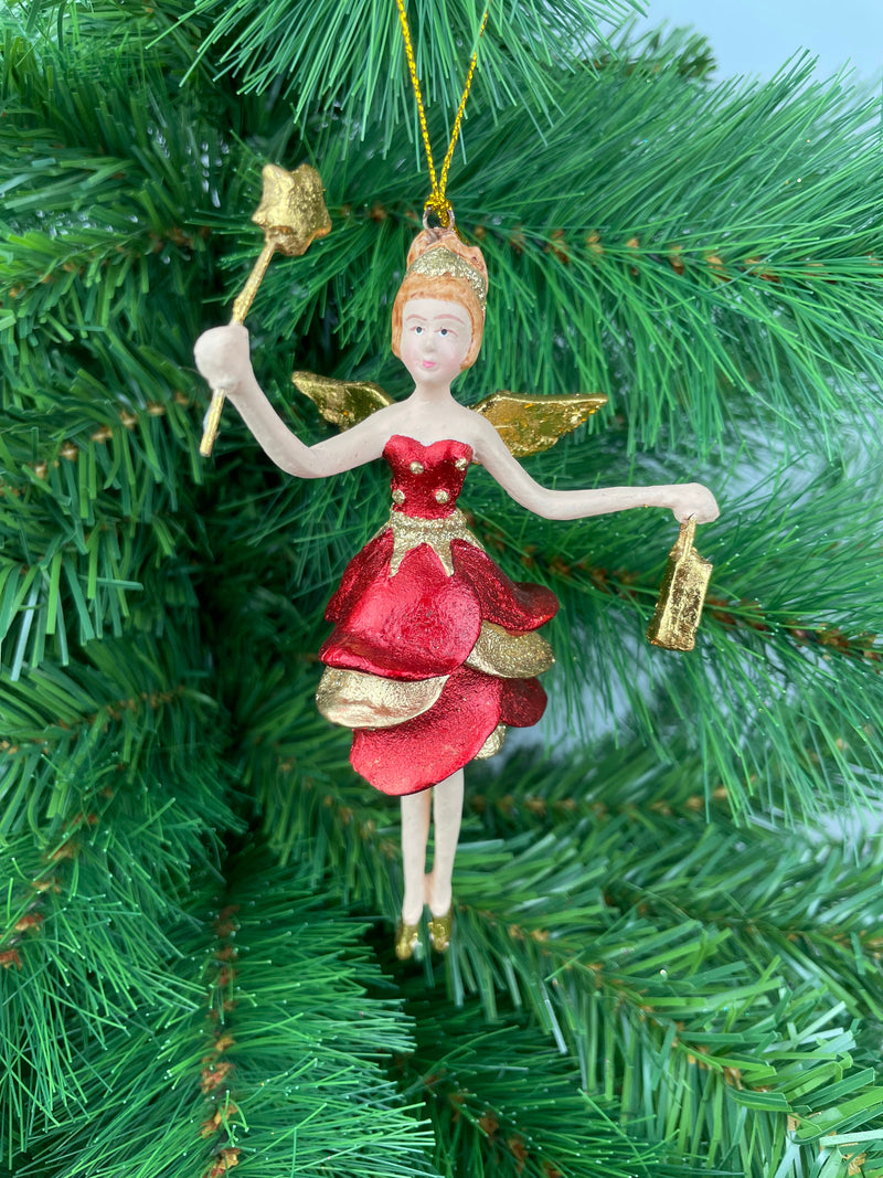 Christbaumschmuck Engel mit kurzem roten Kleid, goldener Tasche und Stern 16cm hoch Weihnachten Ornament rot-gold Anhänger