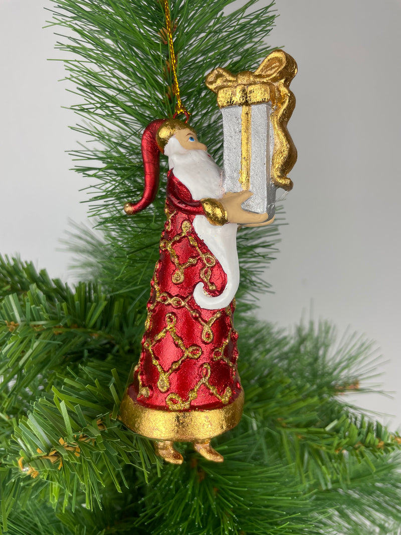 Baumschmuck Weihnachtsmann in langem rot goldenen Mantel Anhänger mit Geschenk 13,5 cm