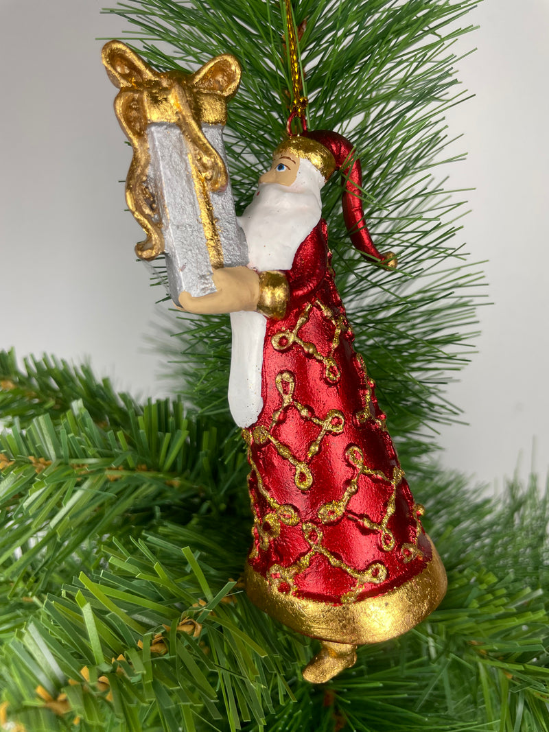 Baumschmuck Weihnachtsmann in langem rot goldenen Mantel Anhänger mit Geschenk 13,5 cm