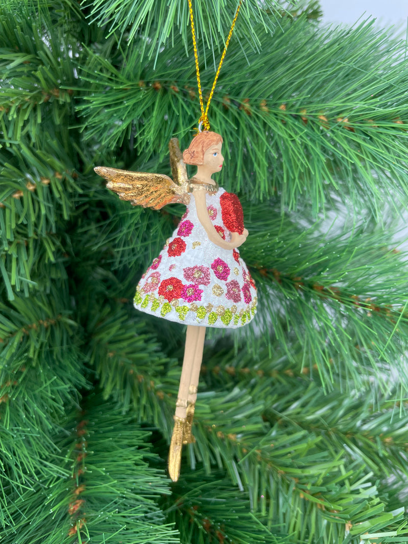 Christbaumschmuck Figur Engel mit langen Beinen und Herz Kleid geblümt Weihnachten Ornament weiß-gold Hänger 12 cm