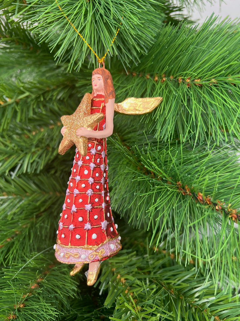 Christbaumschmuck Figur Engel rot-gold mit Stern und langem verzierten Kleid Anhänger Weihnachten Baumschmuck 13cm