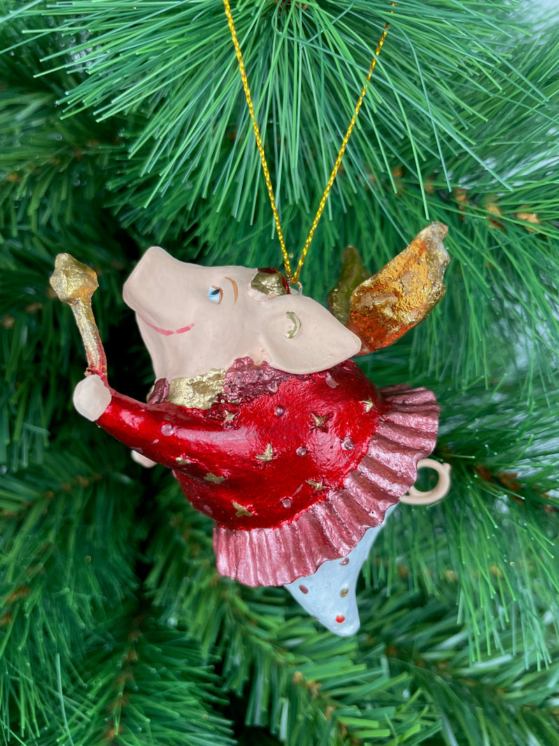 Christbaumschmuck Figur "Schwein mit Flügeln und Stern" Hänger weiß-rot Weihnachten 9,5 cm hoch