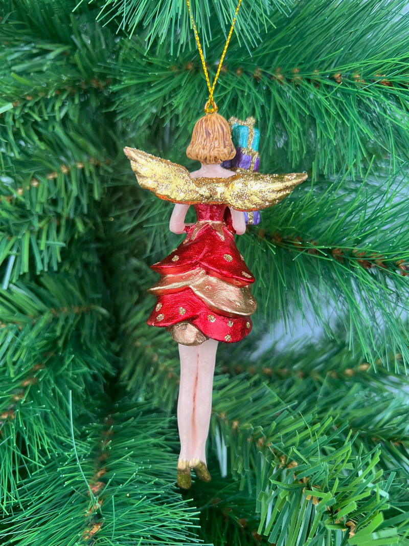 Christbaumschmuck Figur Engel rot-gold mit Geschenken und kurzem Kleid Ornament Weihnachten Baumschmuck 14cm