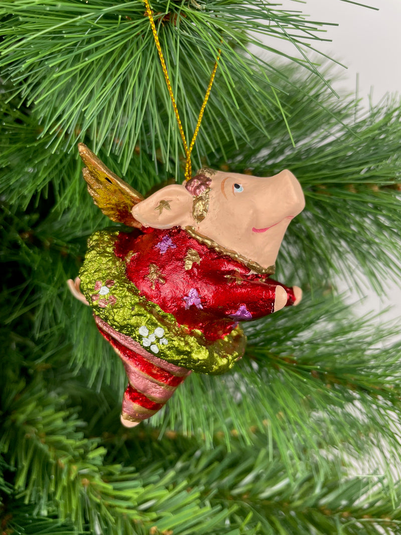 Christbaumschmuck Figur "Ballerina-Schwein mit Flügeln" Hänger Weihnachten grün-rot 8,5 cm hoch