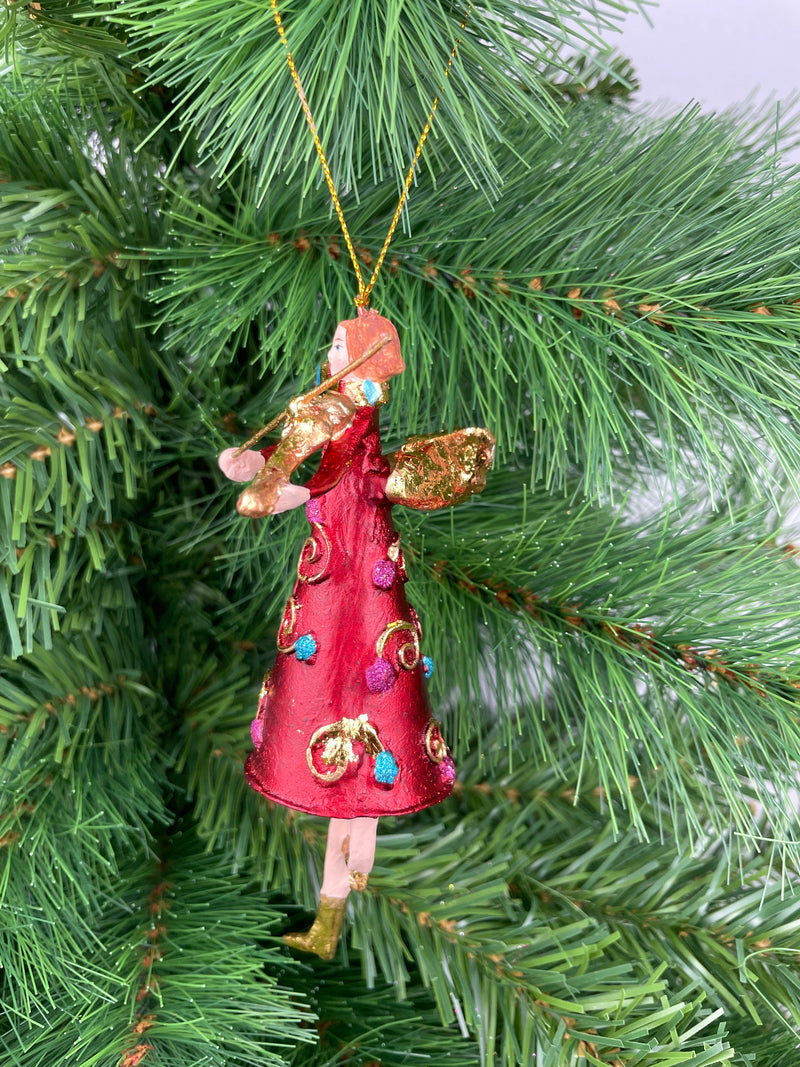 Christbaumschmuck  Engel mit Flügeln und Geige in rot-goldenem Kleid Baumschmuck 14cm