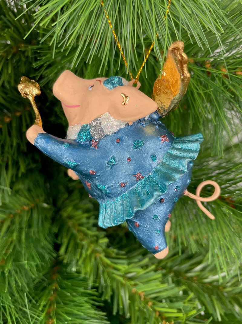 Christbaumschmuck Ballerina Schwein mit Flügeln und Stern blau-türkis 10cm hoch