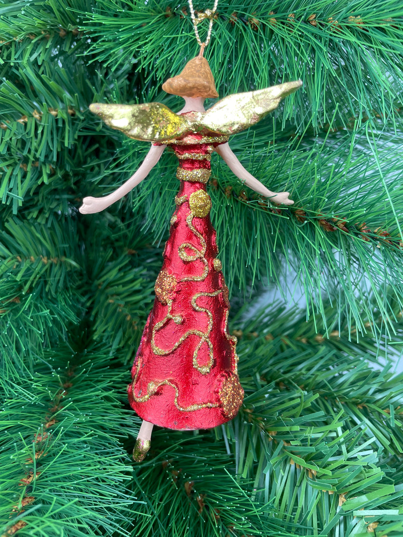 Christbaumschmuck Engel mit Flügeln in einem rot- gold verzierten Kleid  Baumschmuck 16cm