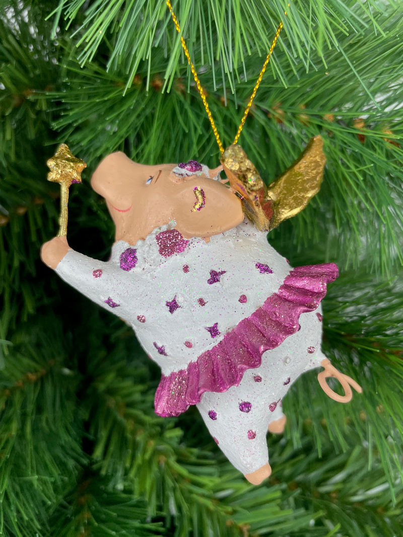 Christbaumschmuck Ballerina Schwein mit Flügeln und Stern in weiß-lila-gold mit Stern 10cm