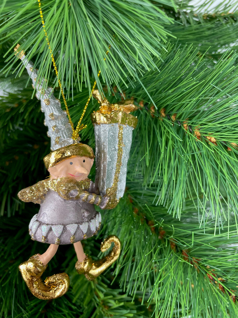 Kleiner Weihnachtsmann Elf Gabenträger Weihnachten Deko Anhänger Christbaumschmuck 13 cm Taupe Gold mit Geschenken