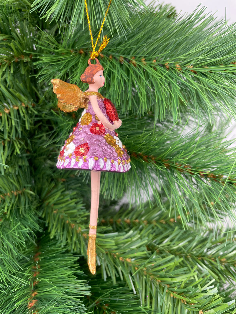 Christbaumschmuck Figur Engel mit langen Beinen und Herz Kleid geblümt Weihnachten Ornament lila-gold Hänger 12 cm