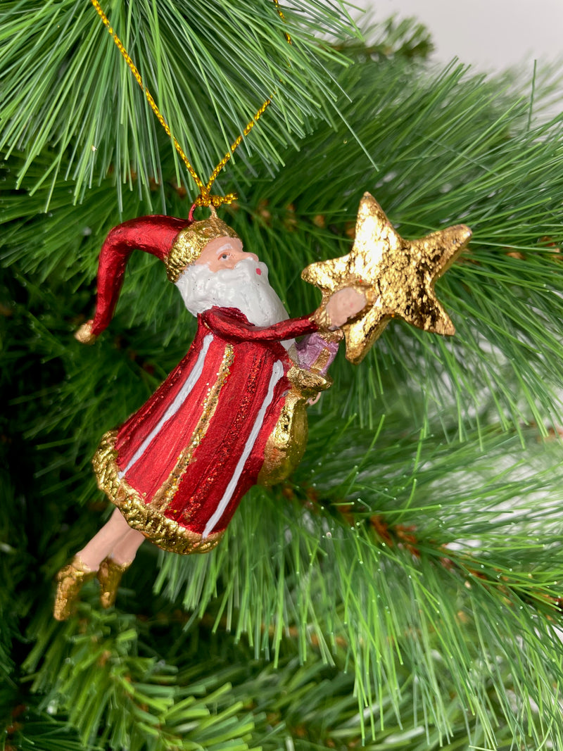 Weihnachtsmann Gabenträger Weihnachten Baumschmuck Figur Deko Hänger Christbaumschmuck 12 cm Rot Gold mit Stern und Säckchen