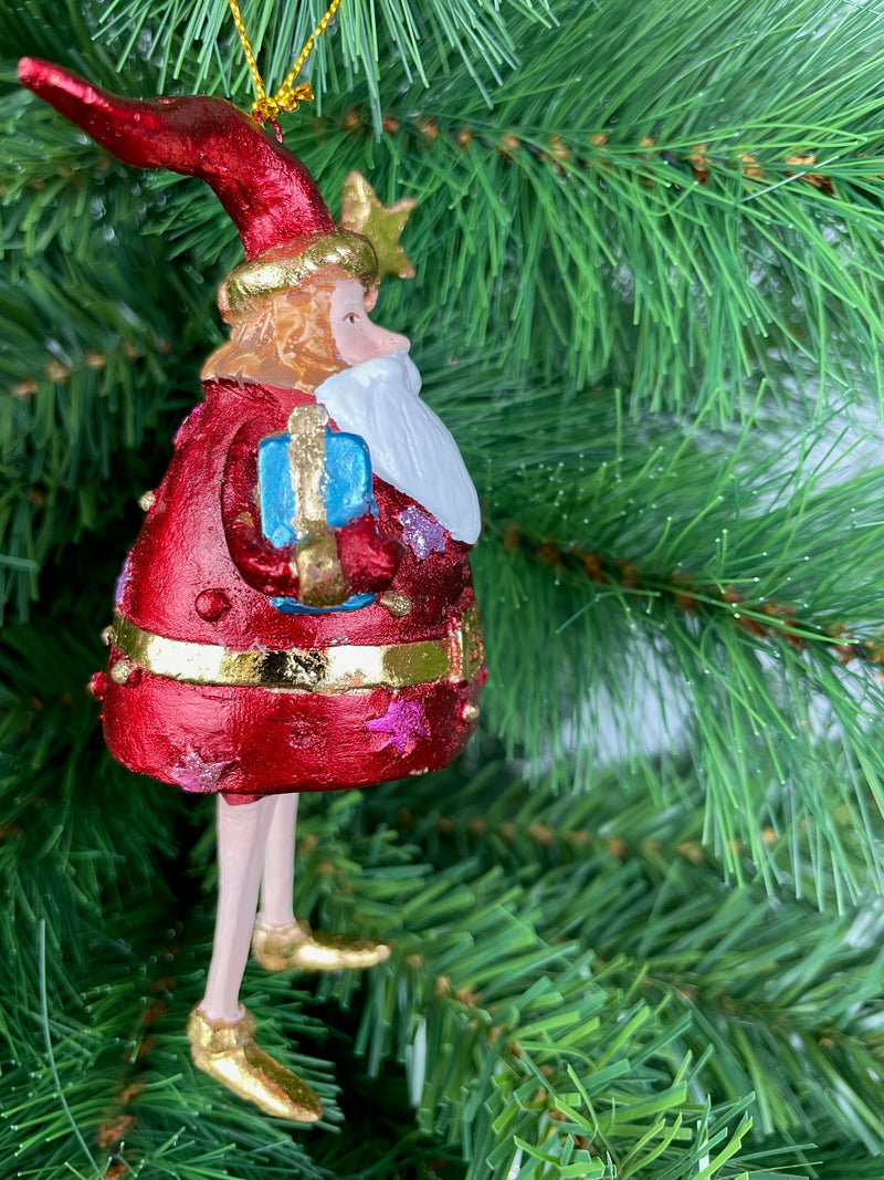 Weihnachtsmann Gabenträger dick Weihnachten Baumschmuck Figur Deko Hänger Christbaumschmuck 13 cm Rot Gold mit Stern und Geschenk