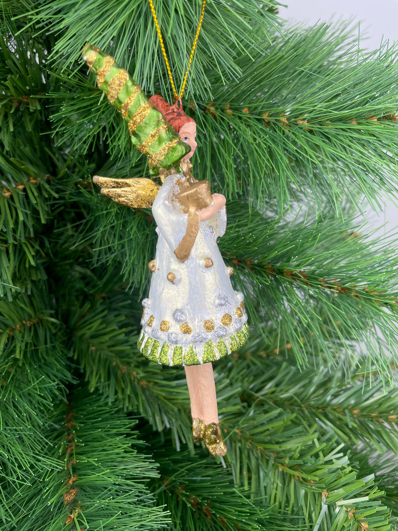 Christbaumschmuck Engel in einem weiß-silber-gold-grünem Kleid u. Bäumchen 16cm