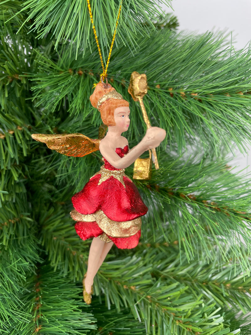 Christbaumschmuck Engel mit kurzem roten Kleid, goldener Tasche und Stern 16cm hoch Weihnachten Ornament rot-gold Anhänger