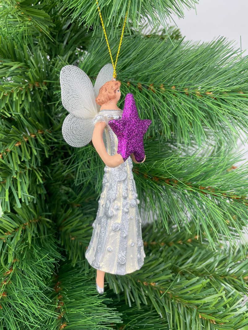 Christbaumschmuck  Engel mit lila Stern und einem silbernen Kleid 16cm hoch Weihnachten Anhänger Ornament