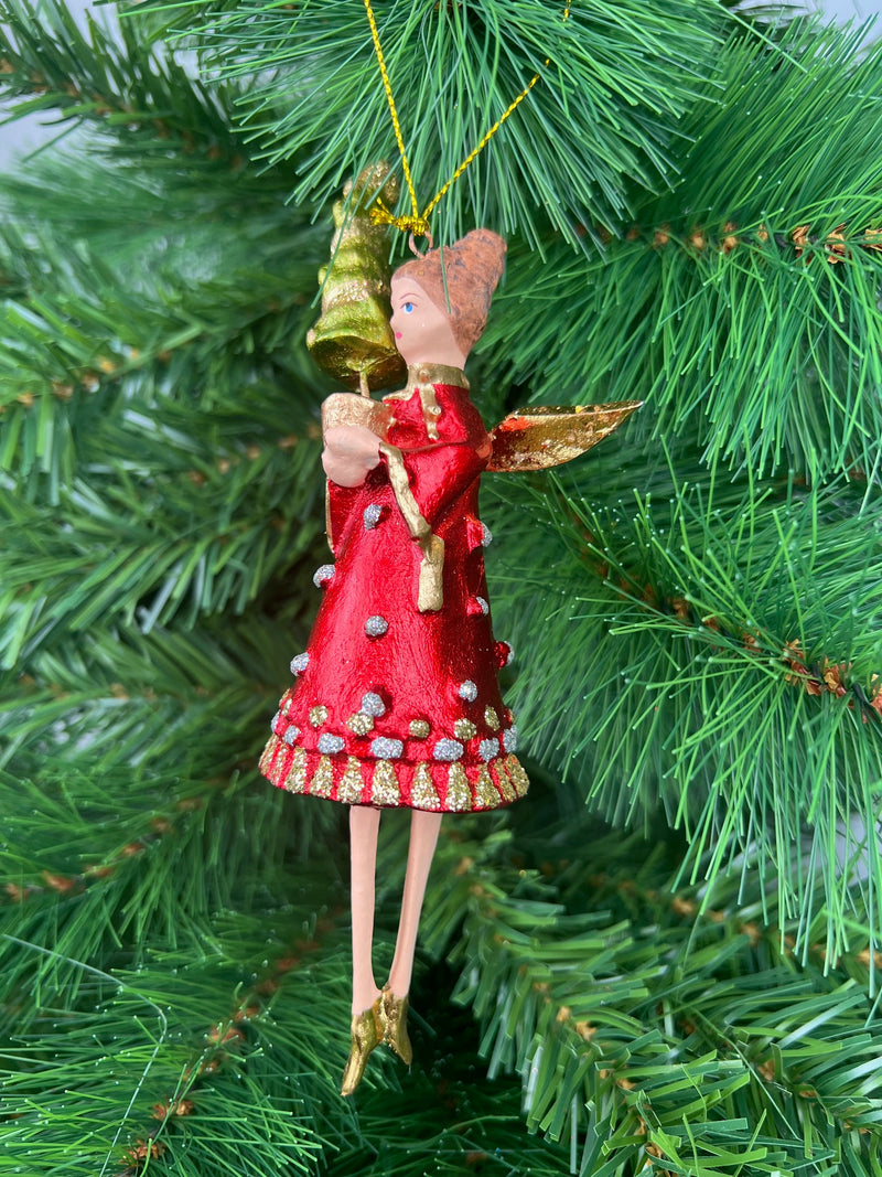 Christbaumschmuck Engel in einem rot-silber-goldenen Kleid und Bäumchen Baumschmuck 15cm