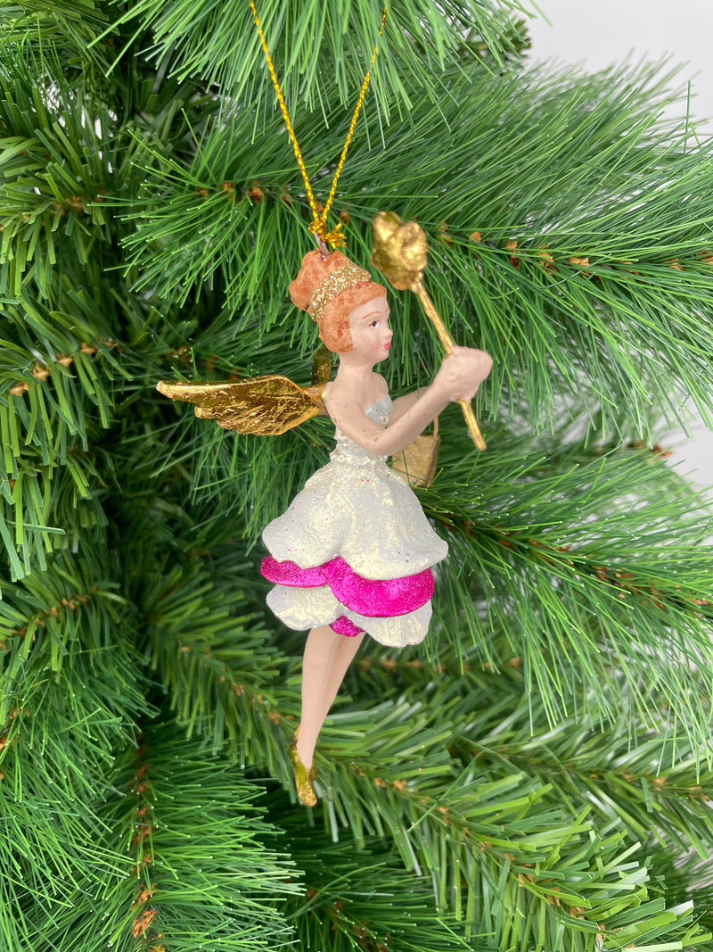 Christbaumschmuck Engel mit goldenem Stern und Tasche in einem pink-weißen Kleid 16 cm